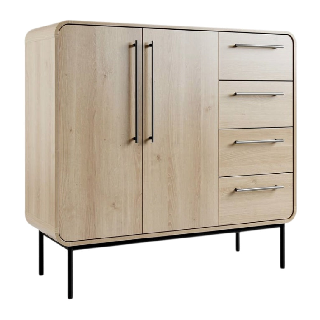 **Technische titel in het Nederlands: Modern houten dressoir met metalen poten en lades**